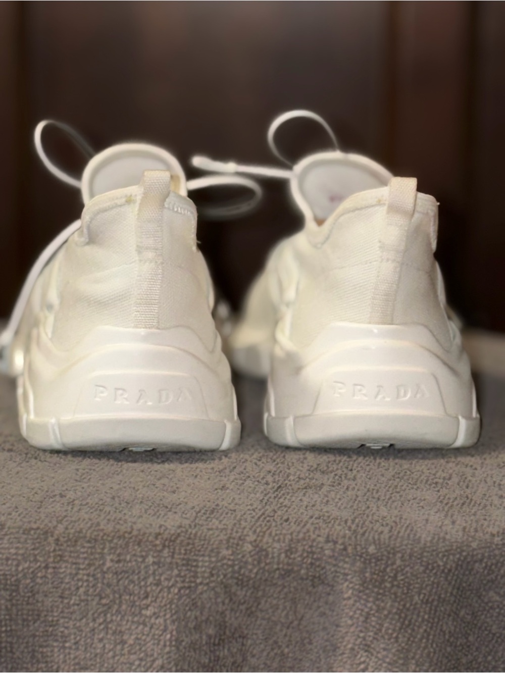 Prada White Knit Sneakers with Red Logo - Picture 7 of 7